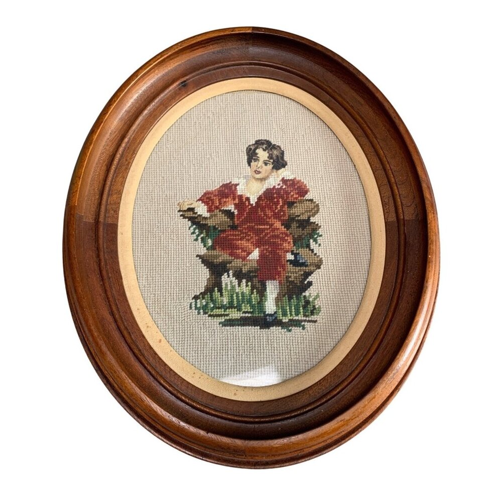 Vintage Oval Framed Needlepoint Art with Boy in Red Outfit 14x17